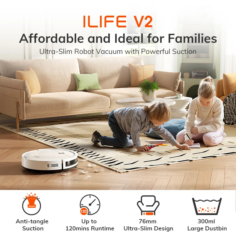 ﻿ ILIFE V2 Robot Vacuum Cleaner, 120 Min Runtime, Self-Charging Robotic Vacuum, Slim, Quiet, Ideal for Pet Hair and Hard Floors