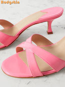 Sweet Cross-tied Slippers Solid Round Toe Shallow Stilettos Mules Fashion Casual Pull-on Outside Dress Shoes 2025 New Summer