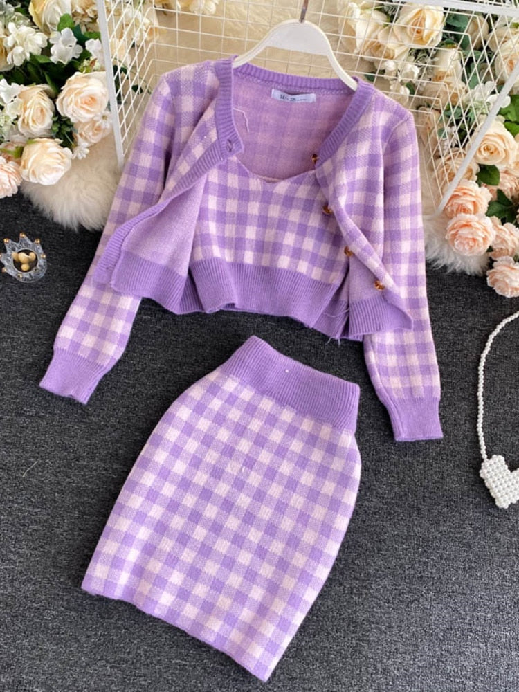 Korean Sweet Knit Plaid Cardigans + Camisole + Skirts 3pcs Sets Girls Short Sweater Coat + Vest + Mini Skirt Suits Women Outfits