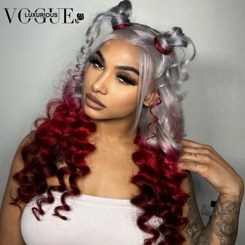 Ombre Silver Grey Colored Lace Front Wig Preplucked Red 4x4 Closure Wigs Ready to Wear Brazilian Virgin Human Hair Loose Deep