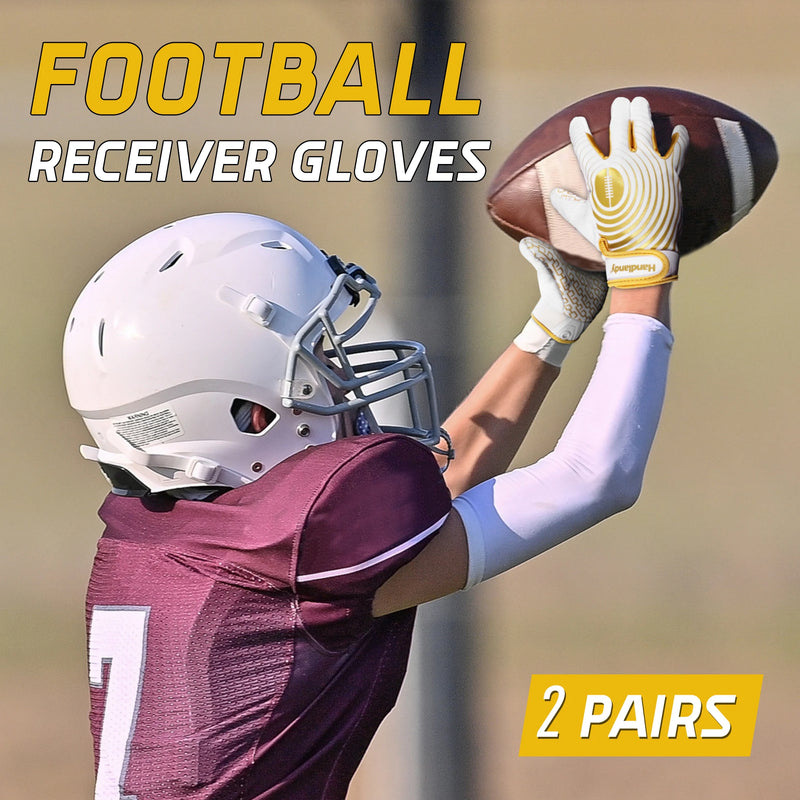 HANDLANDY Youth American Football Gloves, Sticky Wide Receiver Gloves for Kids, White and Gold Stretch Fit Rugby Gloves