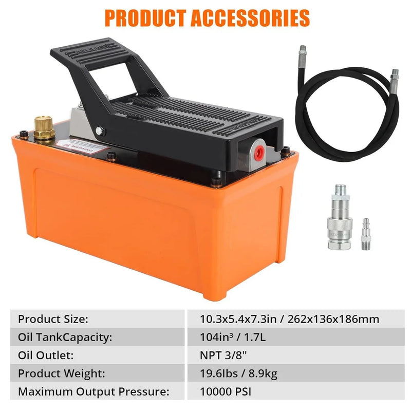 Air Hydraulic Pump,10,000 PSI 1/2 Gal Reservoir, NPT 3/8" Oil Outlet, 6.6 ft Pipe, Foot Actuated Hydraulic Pump Air Treadle