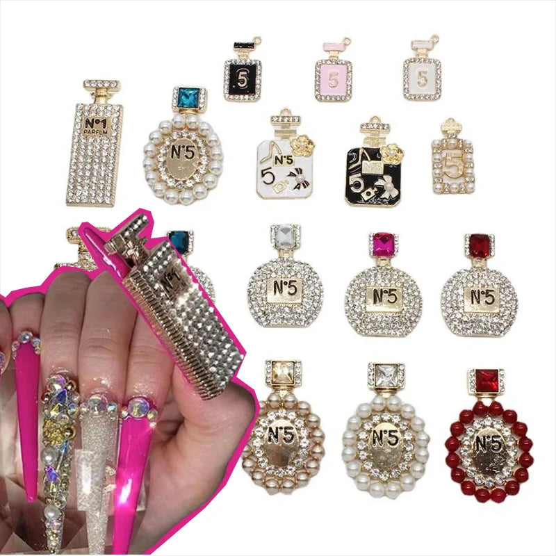2PC Large Light Luxury Little Fragrance Drop Oil Pearl Perfume Bottle With Diamond Nail Charm Handmade Diy Nail Accessories