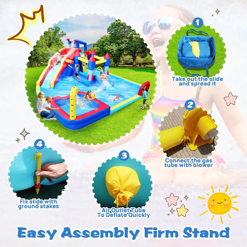 10 in 1 Inflatable Bounce House Water Park for Kids Toys Slide Waterslide with Splash Pool & Basketball & Climbing Wall & Blower