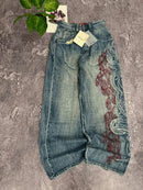 Men's Loose Fit Wide Leg Jeans Tribal Flame Embroidery Vintage Washed Denim Pants Streetwear Daily Wear