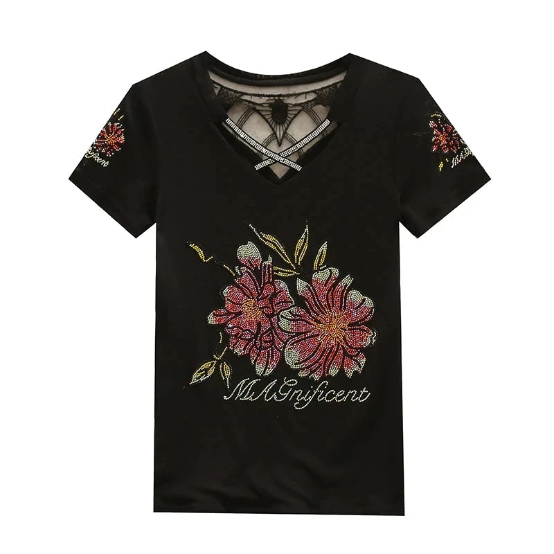 High-End Summer T-shirt Women Tee Luxury Sparkling Rhinestones Short Sleeve Lady Casual Flower Diamond Tshirt Ladies Mesh Tops