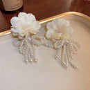 New Bohemian White Pink Big Cloth Flower Earrings for Women Statement Jewelry Handmade Pearl Bowknot Tassel Pendientes