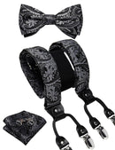 DiBanGu Mens Adjustable Silk Suspenders Bow Tie Cufflinks Pocket Square Set Metal Clips Y back Elastic Braces Wide Strap 3.5CM