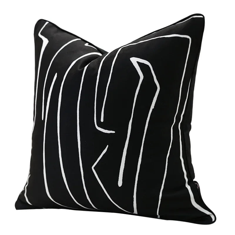 Nordic Black White Abstract Line Cushion Cover Cotton and Linen Decorative Pillow Cover Throw Pillowcase for Sofa and Bed