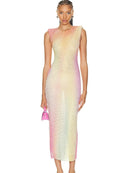 Women Sexy Mesh Rhinestone Crystal Diamonds Bodycon Dress Sparkly Stretched Gradient Tank Mid-Calf Party Dress Vestido