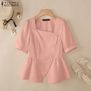2025 ZANZEA Elegant Puff Sleeve Work Blouses Women Summer Shirts Square Neck Stylish Solid Buttons Tunic Tops Waisted OL Blusas
