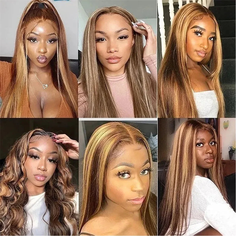 Straight Highlight 13x4 HD Transparent Lace Front Human Hair Wigs Pre Plucked Honey Blonde Colored Lace Frontal Wigs For Women