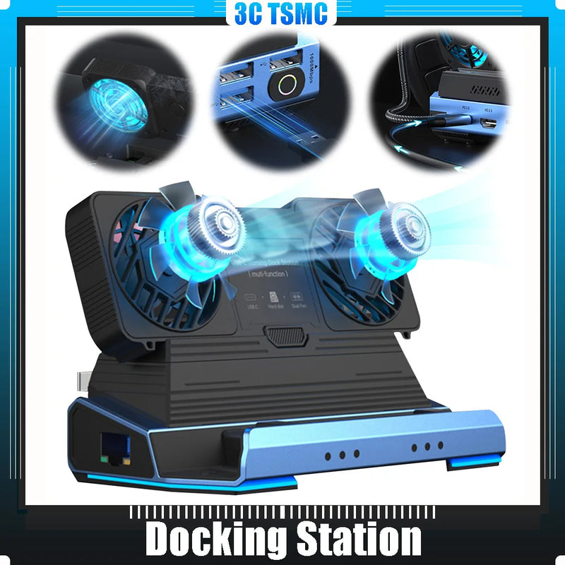 Docking Station Dual Cooling Fan 4K@60Hz 4 USB Ports PD100W Gigabit Ethernet for Steam Deck & Lenovo Legion GO