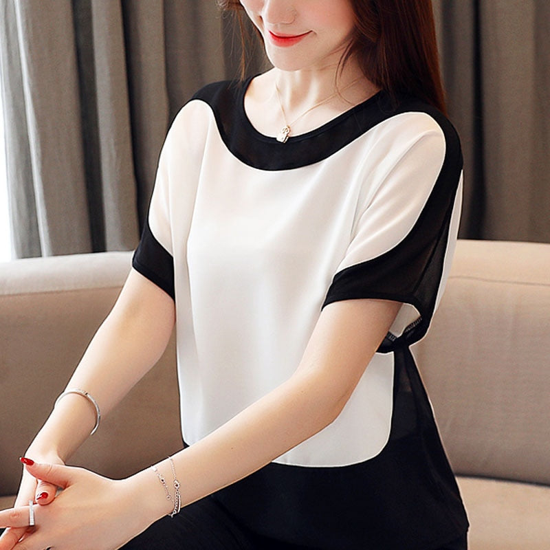 Womens Tops And Blouses Fashion 2023 Chiffon Blouse Loose Ladies Tops Shirts Solid Short O-Neck Batwing Sleeve 3397 50