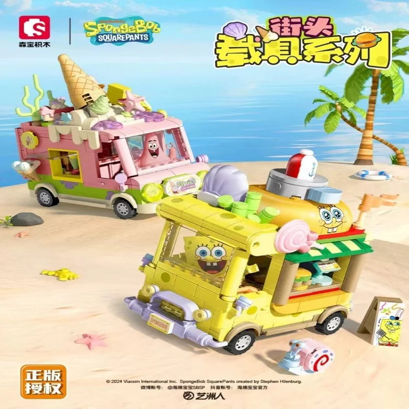 SpongeBob SquarePants Series Building Blocks Toys Hamburger Car Patrick Star Dessert Ice Cream Car Anime Model Blocks Kids Gifts