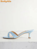 Sweet Cross-tied Slippers Solid Round Toe Shallow Stilettos Mules Fashion Casual Pull-on Outside Dress Shoes 2025 New Summer