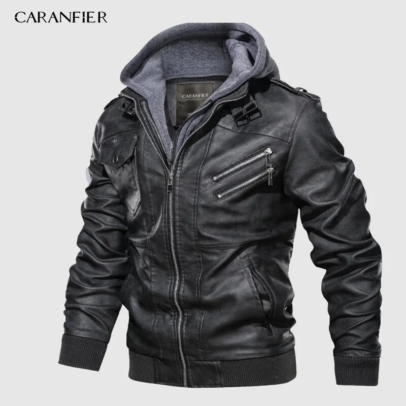 CARANFIER Mens PU Hooded Jackets Coats Motorcycle Biker Faux Leather Jacket Men Classic Winter Coat Clothes  European Size