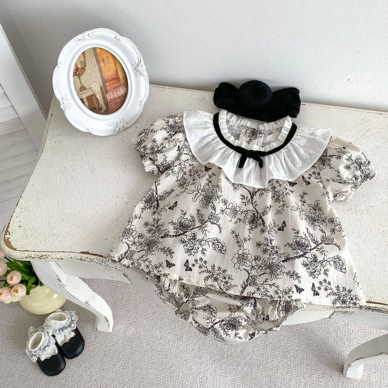 2PCS Summer Floral Baby Girl Suit New Autumn Fashion Lace Bow Baby Girls' Set Peter Pan Collar Shirt and Shorts Princess Outfits