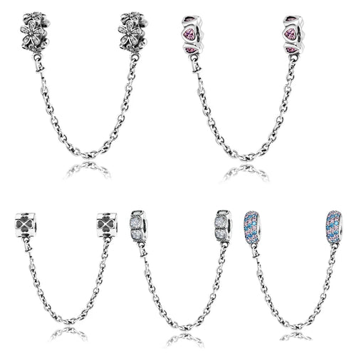 Real 925 Sterling Silver Charms Bead Heart Flower Round Shape Safety Chain Charms Fit Original Charm Bracelet Jewelry Making