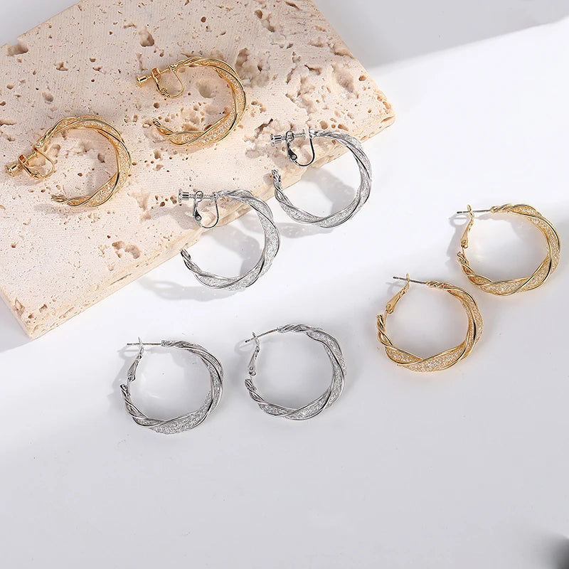 Fashion Interweave Twist Metal Mesh and Stone Circle Geometric Clip on Hoop Earrings for Women Accessories Retro Party Jewelry