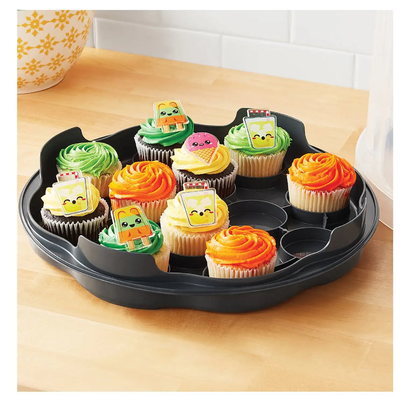Round Plastic Cake and Cupcake Holder with Gray Handle, Clasp and Base (1 of Each), Includes Slicing and Serving Utensil