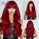 Burgundy Dark Red Synthetic Wigs Long Wavy Wine Red Cosplay Wig with Bangs for Women Natural Body Wave Halloween Heat Resistant