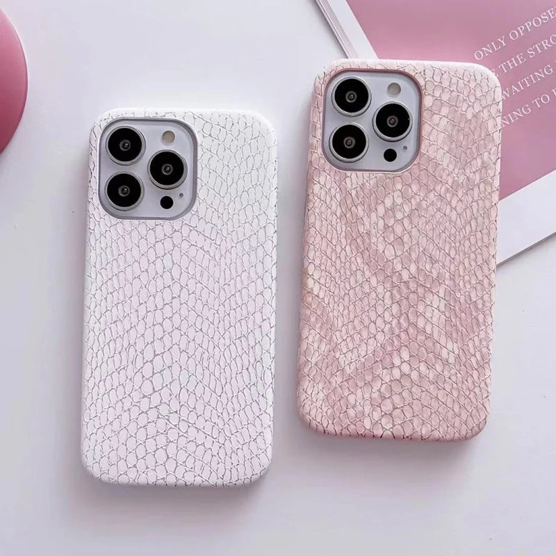 Luxury Chic Snake Texture Leather Phone Case For Iphone 14 13 12 11 Pro MAX Plus X XS XR 7 8 Plus White Pink Silicone Soft Cover