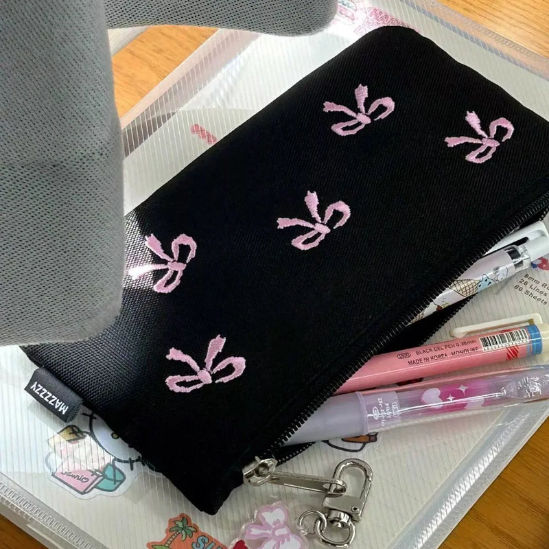 New Canvas Cute Embroidered Bag Bowknot Square Shape Cosmetics Bag Lovely Print Pencil Case