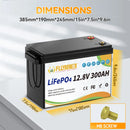 FLLYROWER 12V 300Ah LiFePO4 Lithium Battery Pack With 200A BMS Energy Deep Cycles For Off-Grid Motorhome Solar System RV Boat
