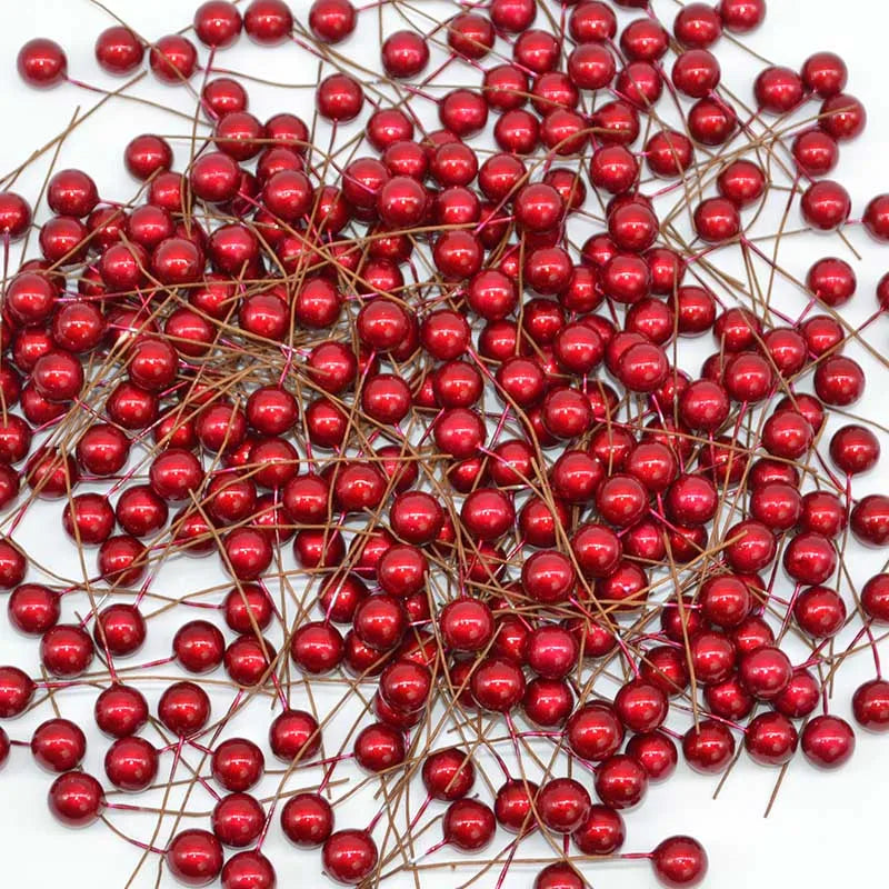 50pcs Mini Pearl Plastic Stamens Artificial Flowers Fruit Stamens Cherry for Wedding Christmas DIY Gift Box Wreaths Decoration