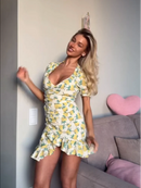 Women Chic Floral Print Bodycon Dress Holiday v-neck Pleated Patchwork Flared Sleeve Ruffle 2026 Summer Casual Latest Vestidos