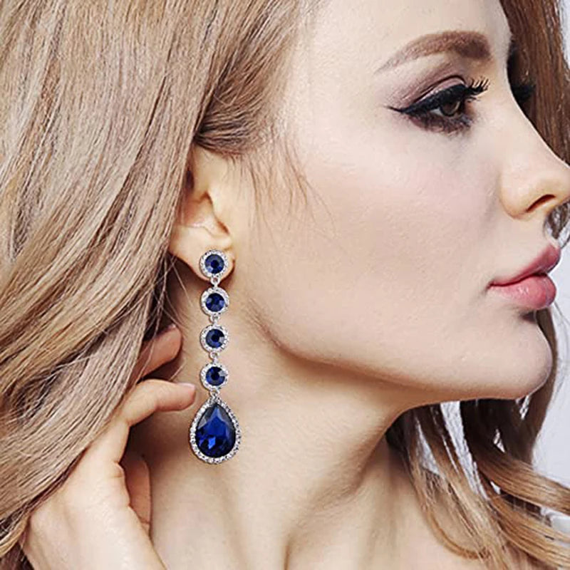 Huitan Long Hangings Earrings with Blue Cubic Zirconia Luxury Trendy Ear Accessories for Women Wedding Party Temperament Jewelry