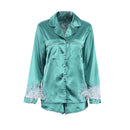 Damen-Pyjama, 2-teilig, Patchwork, Federbündchen, einfarbig, langärmeliges Revers-Knopfhemd mit kurzen Hosen, lockere Loungewear-Outfits