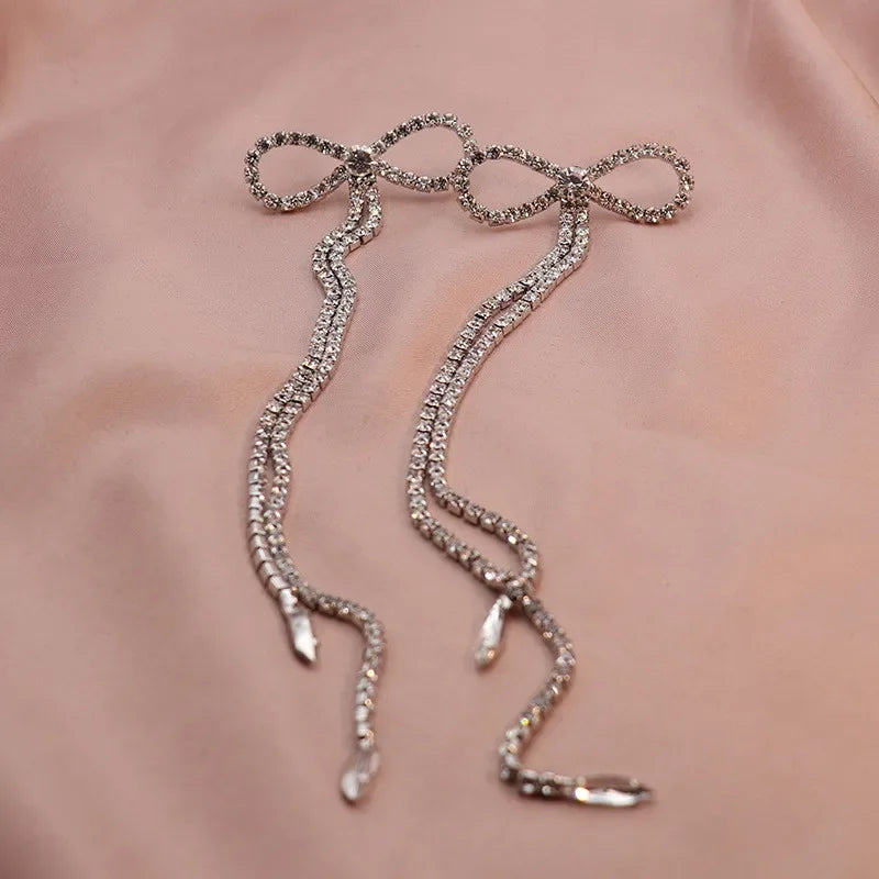 Black White Rhinestone Bow Knot Long Chain Dangle Earrings for Women Fashion Jewelry Bohemian Collection Earrings Accessories
