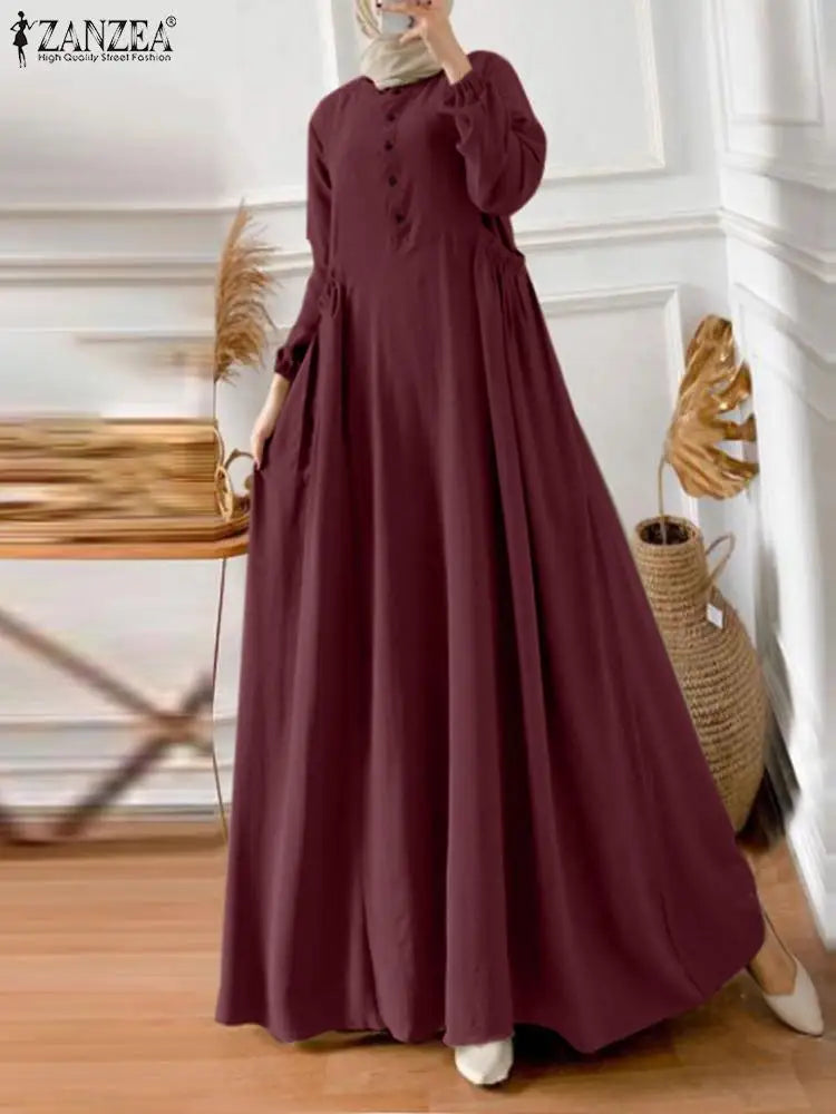 ZANZEA Eid Mubarek Abaya Muslim Long Dress Women Long Sleeve Maxi Sundress Robe Femme Turkey Hijab Vestidos Islamic Clohting