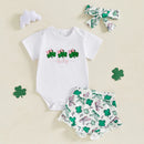 St Patrick s Day Toddler Girls Green Dress Set with Clover Embroidered Bodysuit Ruffle Shorts and Matching Headband