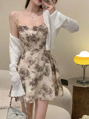 Minikleider Damen Vintage Floral Temperament Hohl Sommer Französischer Stil Ästhetische Party Schicke Streetwear Zarte Ärmellos Casual