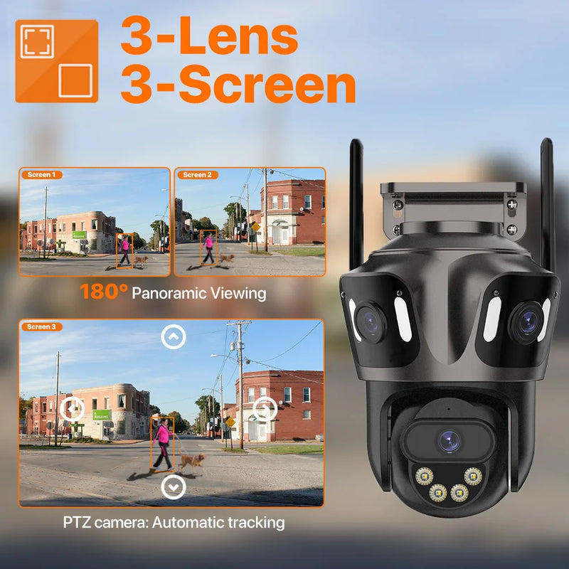6K HD Outdoor Wifi PTZ Camera Three Lens 4K Dual Screen IP Camera Auto Tracking Color Night Video Surveillance CCTV P2P iCsee