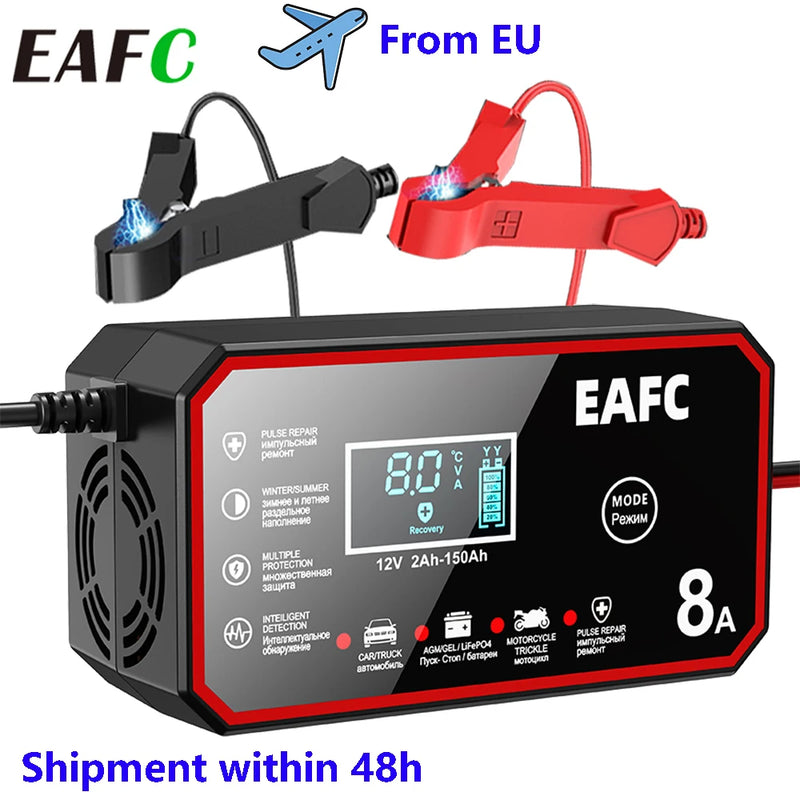 12V 8A Car Battery Charger Pulse Repair LCD Display Smart Fast Charge for Auto Motorcycle Minivan SUV Classic Cars