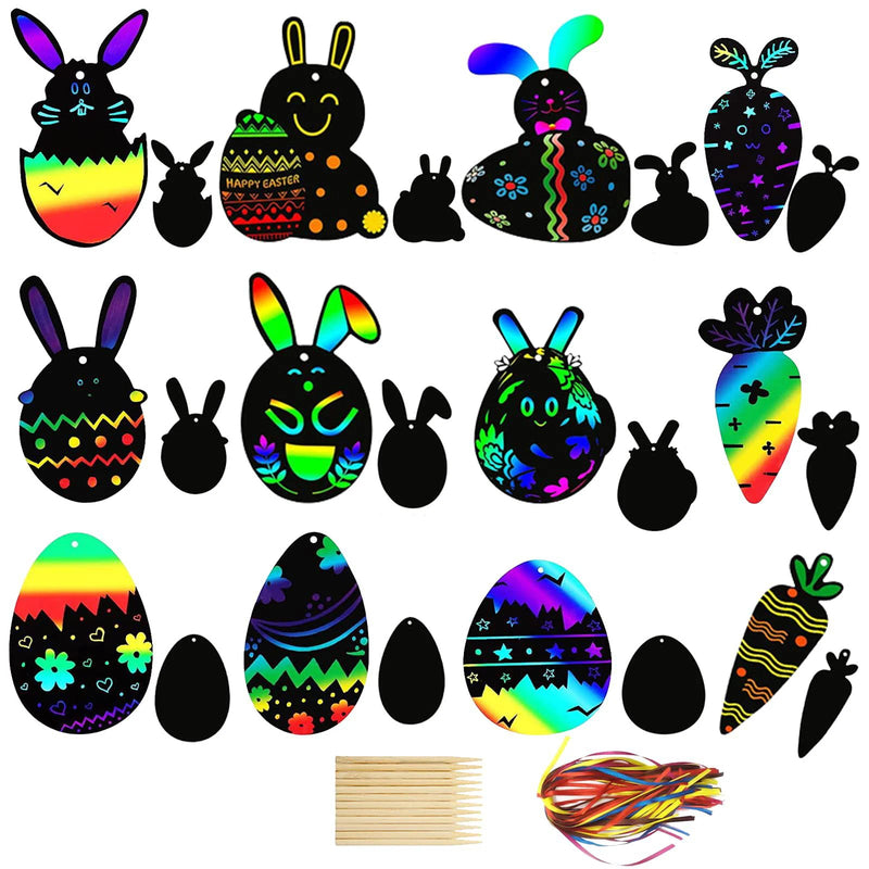 12pcs Easter Magic Scratch Paint Easter Eggs Crafts DIY for Making Holiday Gifts Egg Basket Fillers Party Decorations