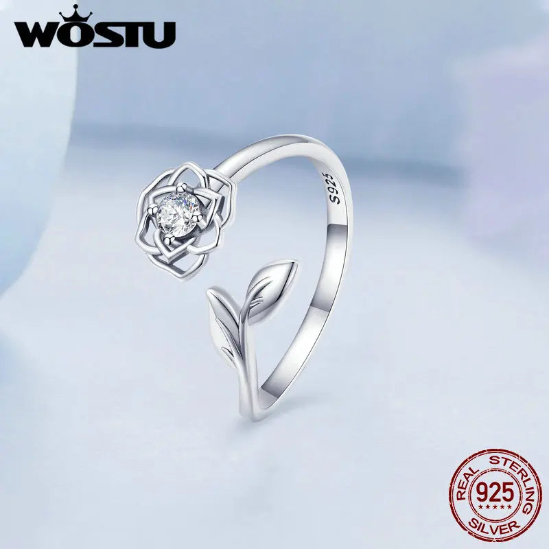 WOSTU 925 Sterling Silver Camellia Flower Open Rings For Women AAA Clear Zircon Adjustable Ring Wedding Engagement Jewelry Gift