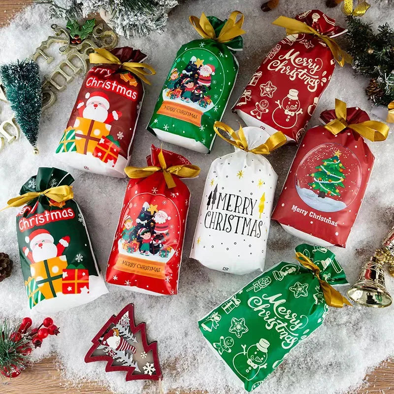 Hot Sale 10Pcs/Lot 15x23cm Christmas Plastic Gift Bag Party Favor Boutique Cosmetics Candy Gifts Packaging Bags With Drawstrings