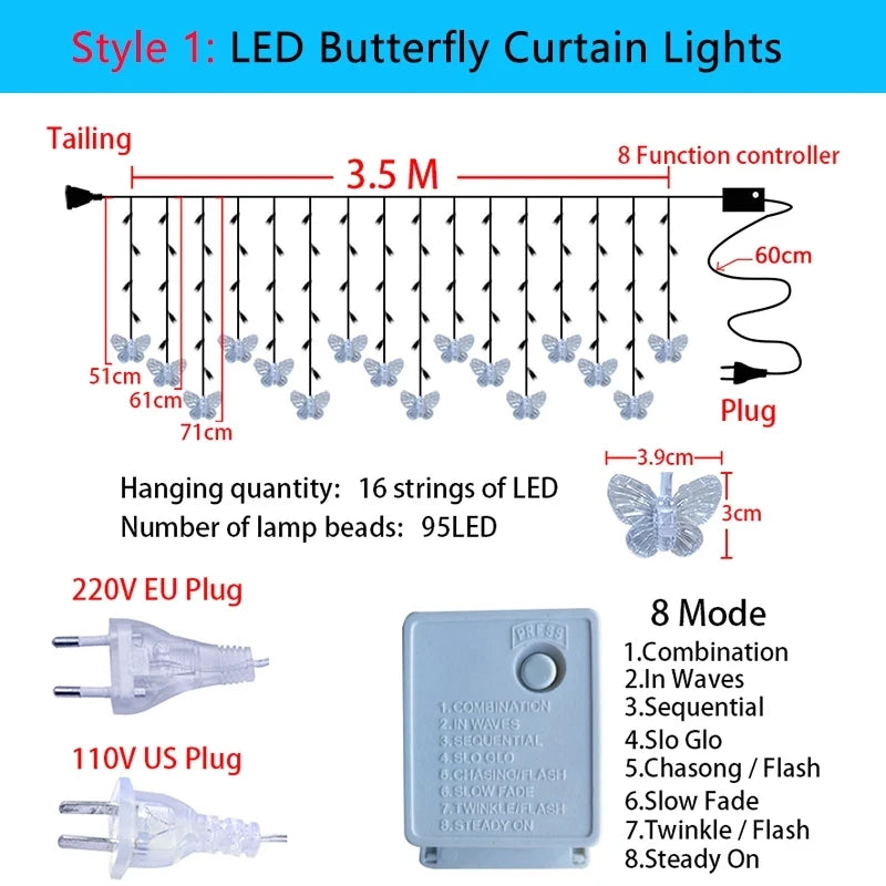 220V 110V 3.5m Butterfly LED Curtain Light Christmas Garland  LED String Fairy Lights For Holiday Wedding Party Home Decoration