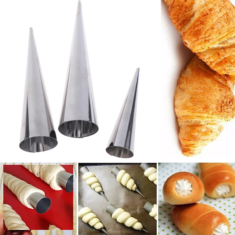 12pcs Conical Tubes Croissants Cone Horn Spiral Steel Roll Cream Bread Molds Baking Spiral Butter Spout Mold