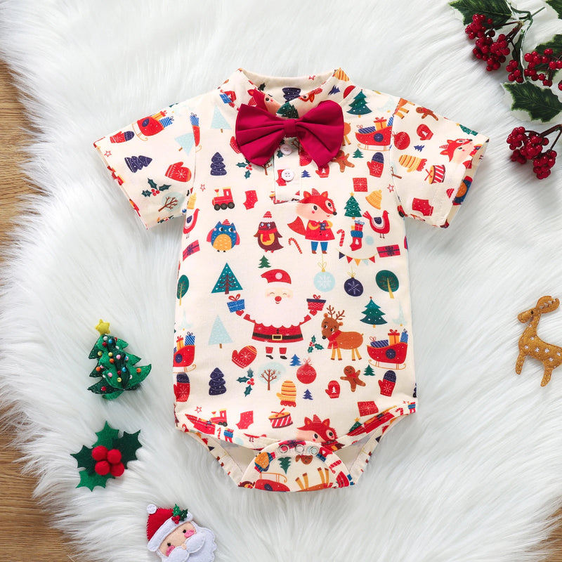 Christmas Suit Infant Bow Short Sleeve Polo Romper + Brace Shorts Set Newborn Baby Girl Boy Clothes