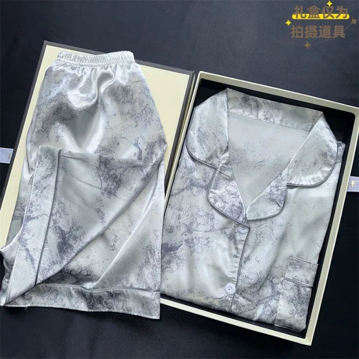 2 Pieces Print Sleepwear Faux Silk Satin Nightwear Pyjamas Fashion Casual Pajama Women Shorts Pajamas Set Ink Painting Outfits