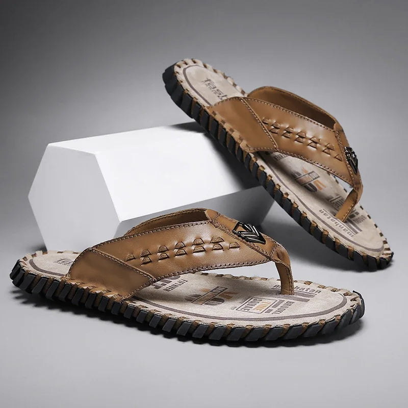 Men's Slippers Leather Casual Shoes Flats Slides Ourdoor Sandal Flip-flops Summer House Home Floor Slides Soft Sole Handmade