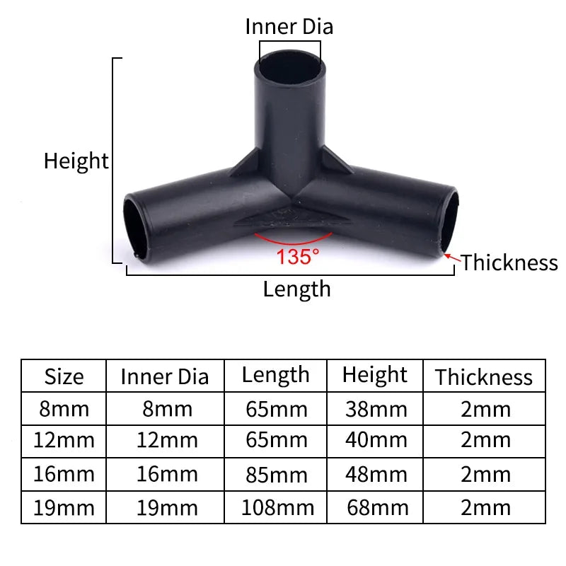 I.D 8/12/16/19mm Black Plastic Pipe Connector DIY Shelf Water Tube Joint Tent Fixed Connector Tee Four Way Elbow Straight Joint