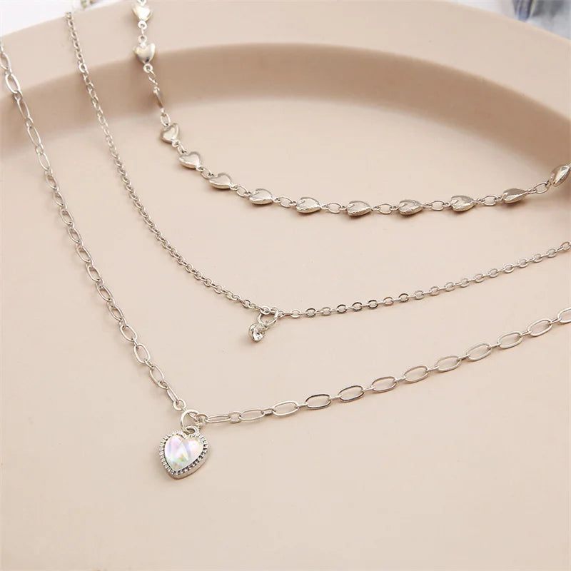 Heart Pendant Necklace Three Piece Suit Opal Metal Silver Color Multi-layered for Women Trendy Cute Elegant Jewelry Party Gift