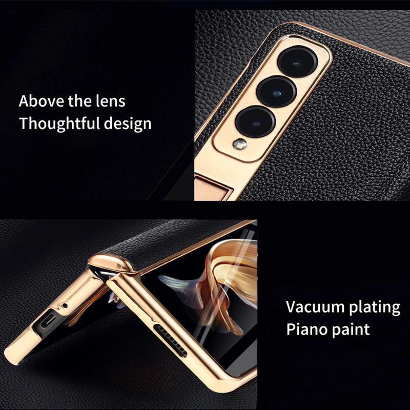 Leather Phone Case for Samsung Galaxy Z Fold 5 4 3 Fold4 Fold5 Gold Plating Magnetic Hinge Stand Back Cover with Mirror Film